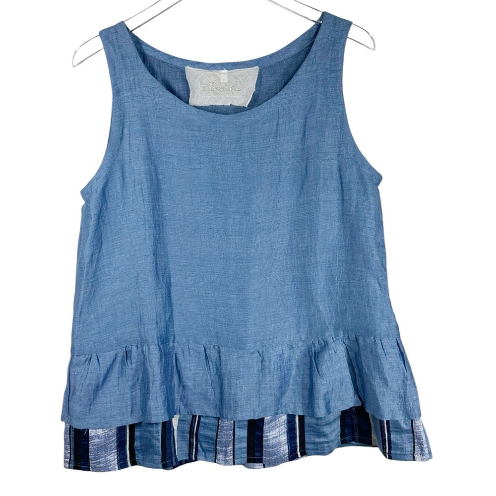 MARILU Blue Linen Blend Tunic Tank with Layered Ruffle Hem Size Large Italy